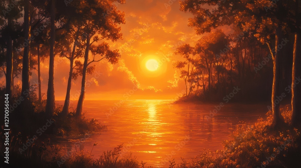 Golden hour paints serene lakeside forest with ethereal light display Golden hour paints serene lakeside forest with ethereal light display