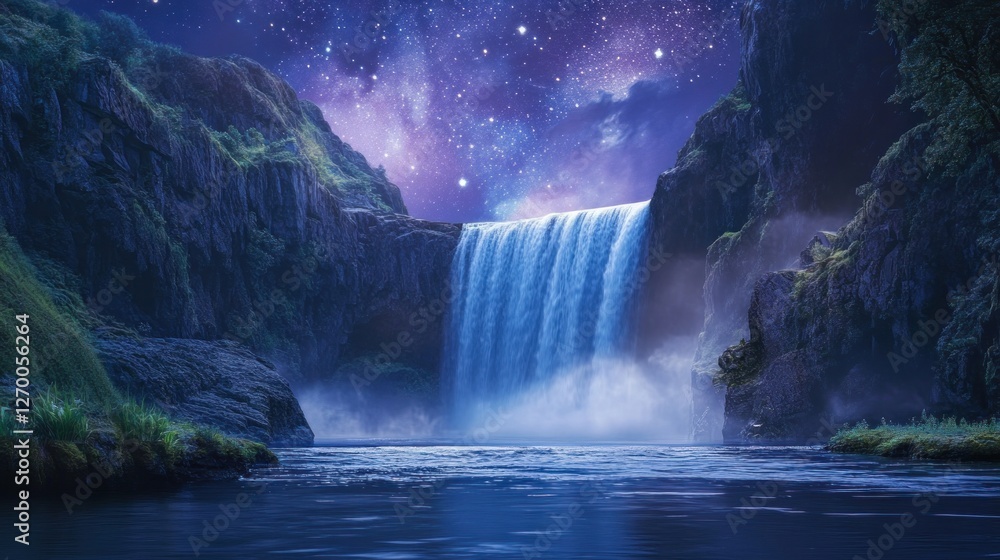 Fototapeta premium Mystic Falls under Celestial Canvas, A Serene Nightscape Dream