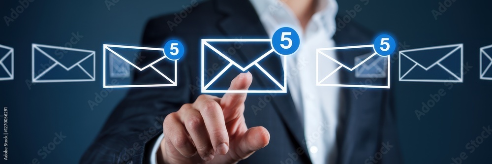 Businessman interacts with digital mail icons symbolizing notifications Businessman interacts with digital mail icons symbolizing notifications