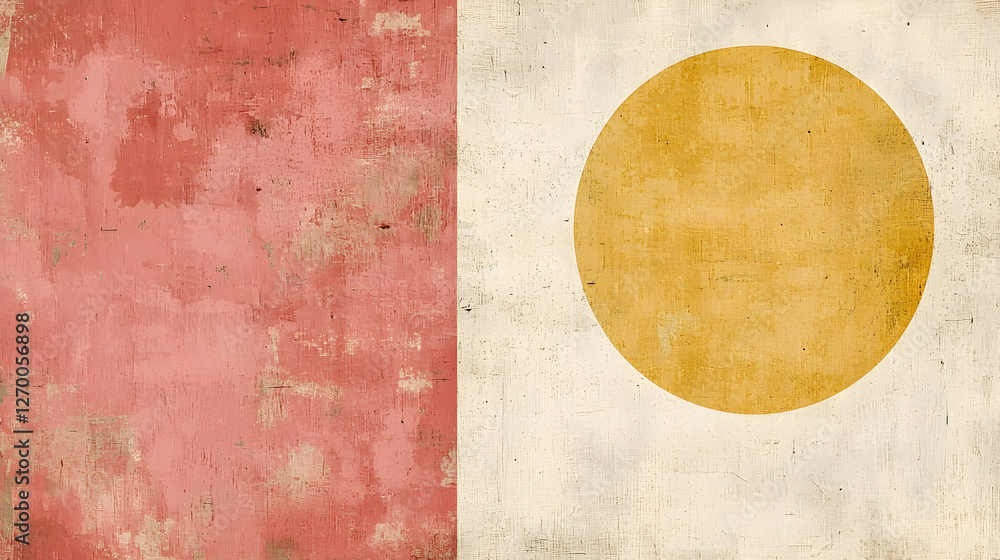 Grunge textured flag design; red, white, yellow circle; distressed wall background; website banner Grunge textured flag design; red, white, yellow circle; distressed wall background; website banner