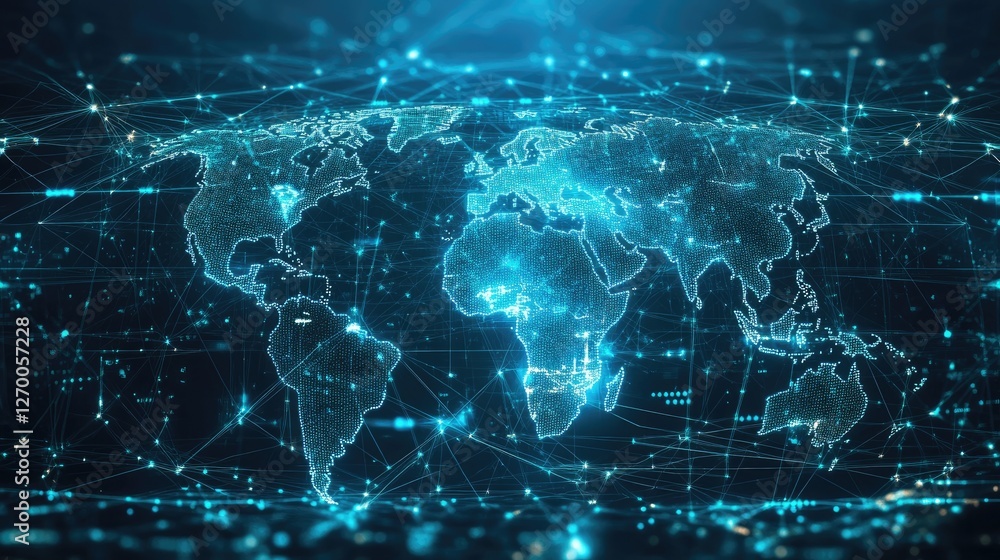 Futuristic supply chain network, high-tech world map with glowing logistics pathways, international trade and economy concept Futuristic supply chain network, high-tech world map with glowing logistics pathways, international trade and economy concept
