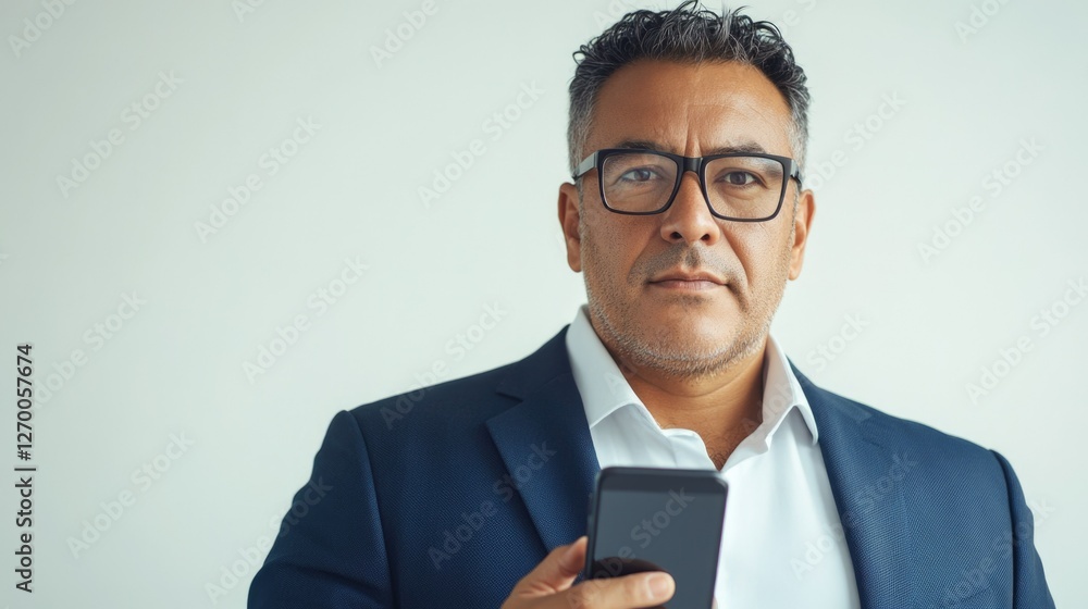 Man with glasses texting on phone against blurred background Man with glasses texting on phone against blurred background