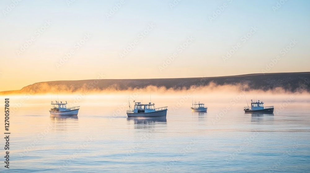 Fishing boats at dawn in misty waters a tranquil coastal scene Fishing boats at dawn in misty waters a tranquil coastal scene