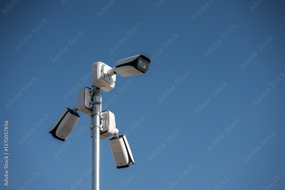 Security cameras mounted on pole monitoring surroundings in clear blue sky, video surveillance in city concept Security cameras mounted on pole monitoring surroundings in clear blue sky, video surveillance in city concept