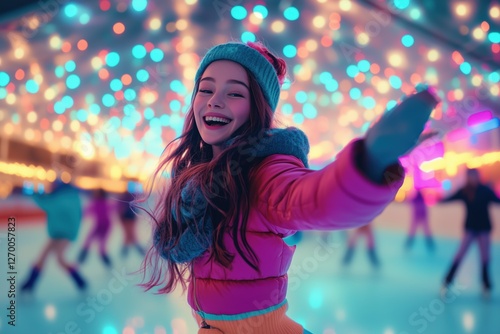 Joyful girl enjoying vibrant synchronized skating under colorful lights photo