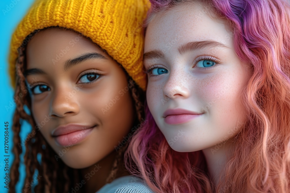 Obraz premium Two friends showcasing vibrant hair colors and joyful expressions in a bright setting