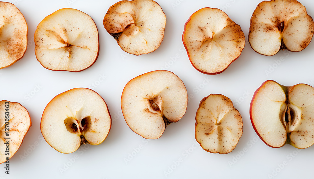 Organic apple cinnamon chips (slices) over white background with copy space - healthy vegan vegetarian fruit snack or ingredient for baking Organic apple cinnamon chips (slices) over white background with copy space - healthy vegan vegetarian fruit snack or ingredient for baking