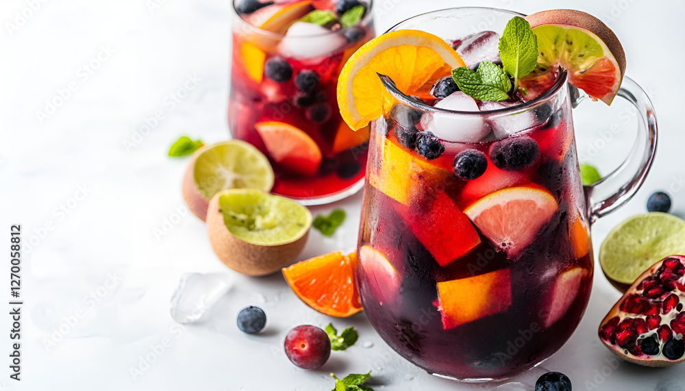 Red wine sangria or punch with fruits and ice in glasses and pitcher. Homemade refreshing fruit sangria on white background, copy space Red wine sangria or punch with fruits and ice in glasses and pitcher. Homemade refreshing fruit sangria on white background, copy space