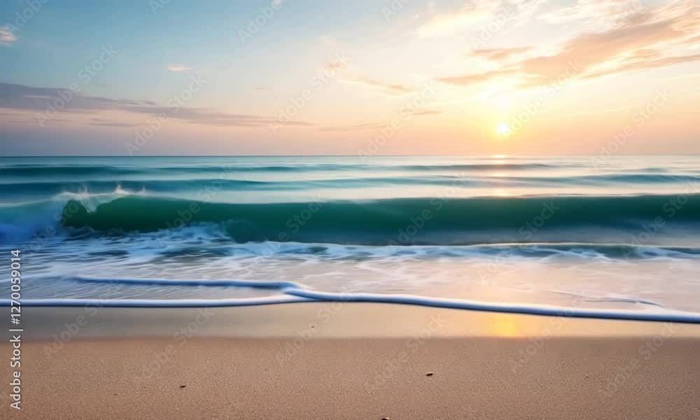 Peaceful sunrise over tranquil ocean waves, beach Peaceful sunrise over tranquil ocean waves, beach