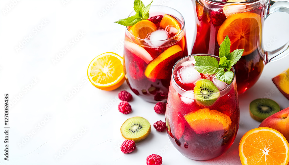 Red wine sangria or punch with fruits and ice in glasses and pitcher. Homemade refreshing fruit sangria on white background, copy space Red wine sangria or punch with fruits and ice in glasses and pitcher. Homemade refreshing fruit sangria on white background, copy space