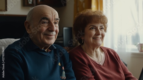 Old couples smiling as they sit in lawyers', agents', designers' offices look...