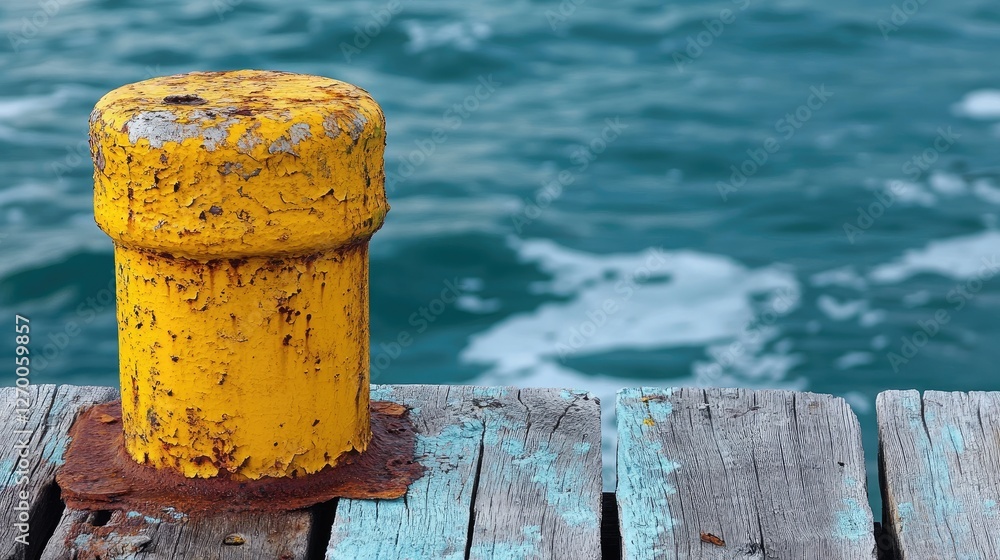 A close-up of a rusty yellow bollard on a wooden dock, with peeling paint and rust, reflecting the colors of the ocean and sky. A close-up of a rusty yellow bollard on a wooden dock, with peeling paint and rust, reflecting the colors of the ocean and sky.