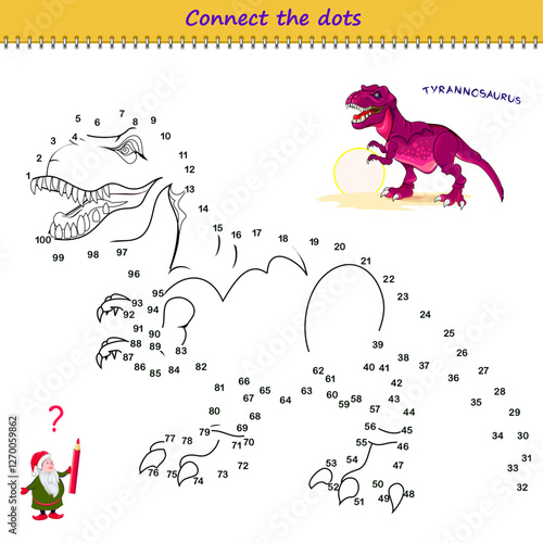 Connect the dots from 1 to 100 and draw the tyrannosaurus. Trace the line between numbers. Coloring book. Develop counting skills. Logic puzzle game for children. Educational page. Vector image.
