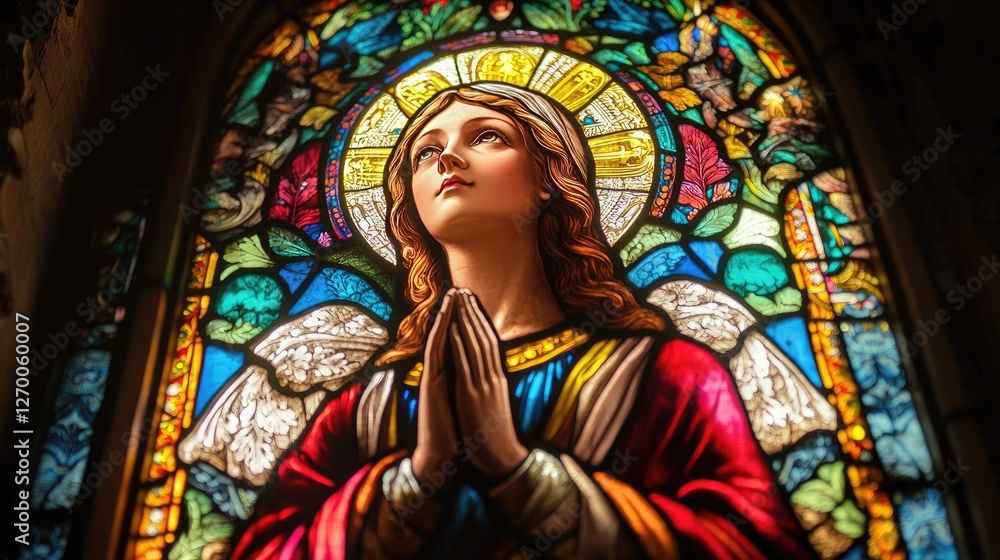 A close-up of a stained glass window featuring a praying saint, with vibrant colors and intricate designs, casting beautiful light across the room. A close-up of a stained glass window featuring a praying saint, with vibrant colors and intricate designs, casting beautiful light across the room.