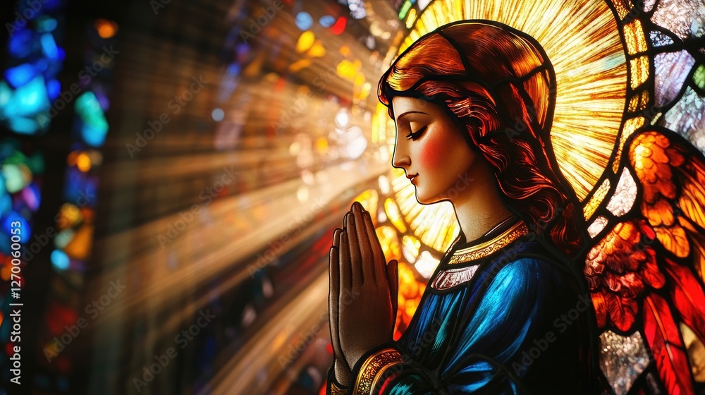 A close-up of a stained glass window featuring a praying saint, with vibrant colors and intricate designs, casting beautiful light across the room. A close-up of a stained glass window featuring a praying saint, with vibrant colors and intricate designs, casting beautiful light across the room.