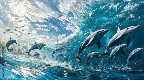 Dolphins leaping ocean wave sunrise sky; marine wildlife playful energy; nature background; perfect for travel, marine life, and conservation campaigns photo