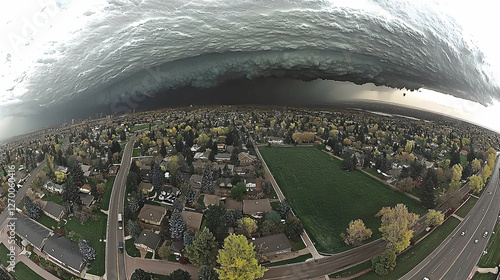 Suburban aerial view of ominous storm clouds approaching residential area