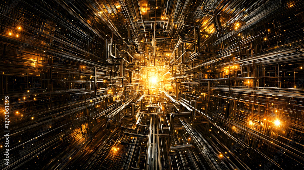 Fototapeta premium Futuristic gold tunnel network, glowing lights, abstract background, digital art, website header