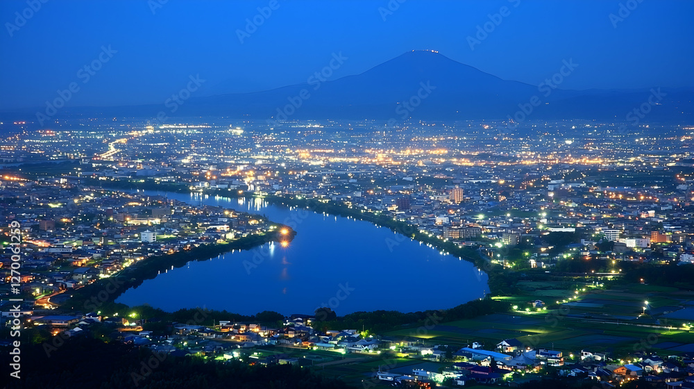 Fototapeta premium Night cityscape, lake, mountain view, illuminated city, Fuji backdrop, travel poster