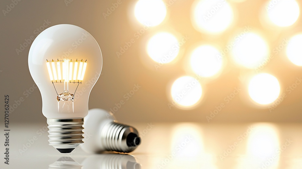 Two LED light bulbs on a reflective surface with bokeh background.