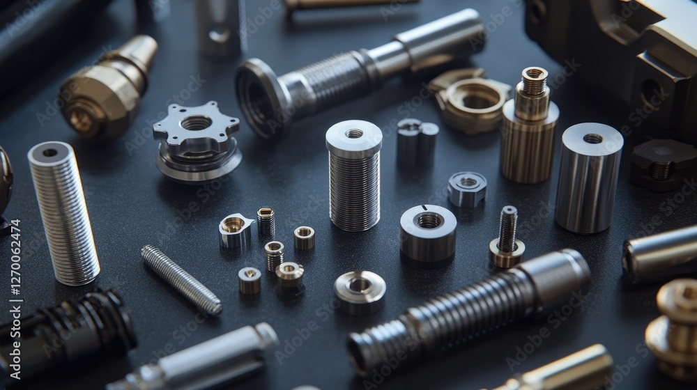 A close-up view of various metallic components and fasteners on a dark surface, emphasizing their precision and detailed engineering. A close-up view of various metallic components and fasteners on a dark surface, emphasizing their precision and detailed engineering.