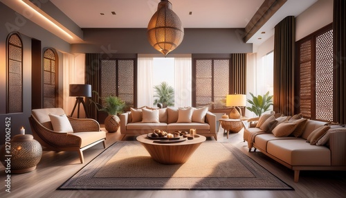 Modern and Traditional EidThemed Living Room with Elegant Decor and Comfortable Seating photo