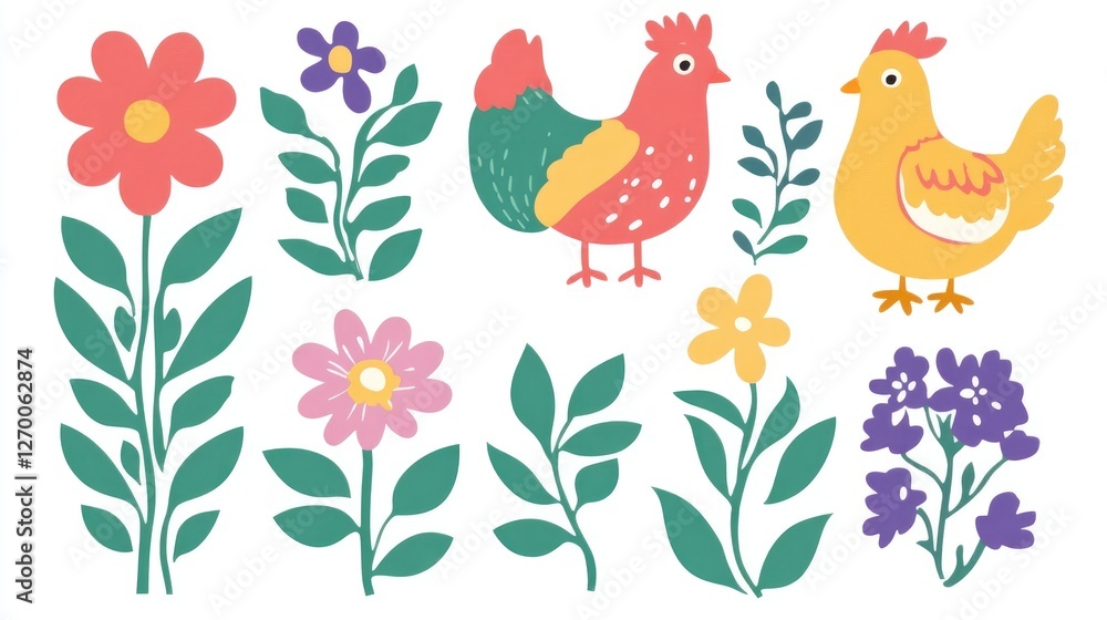 A collection of fussy cut templates featuring flowers and chicken designs, perfect for craft projects, laid out for an easy and creative crafting experience. A collection of fussy cut templates featuring flowers and chicken designs, perfect for craft projects, laid out for an easy and creative crafting experience.