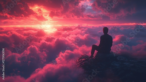 Person Silhouette Sits Atop a Mountain Under a Red Sunset Sky Surrounded by Clouds