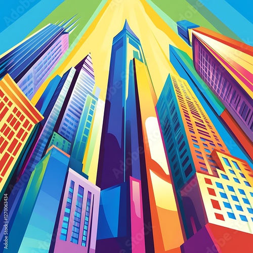 Colorful City Skyline View from Below