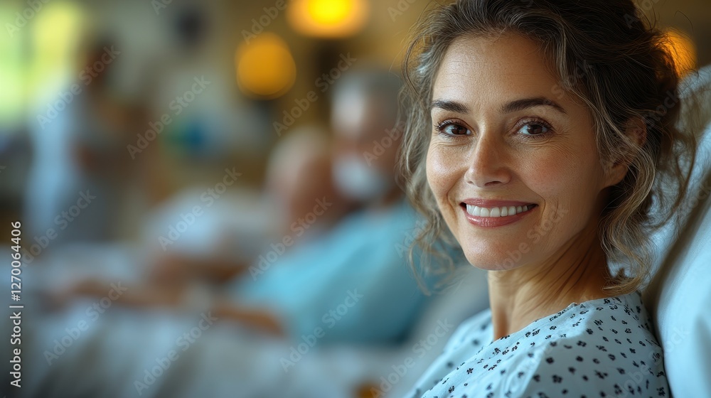 A Smiling Woman in a Hospital Gown with Supporting Medical Staff in Background A Smiling Woman in a Hospital Gown with Supporting Medical Staff in Background