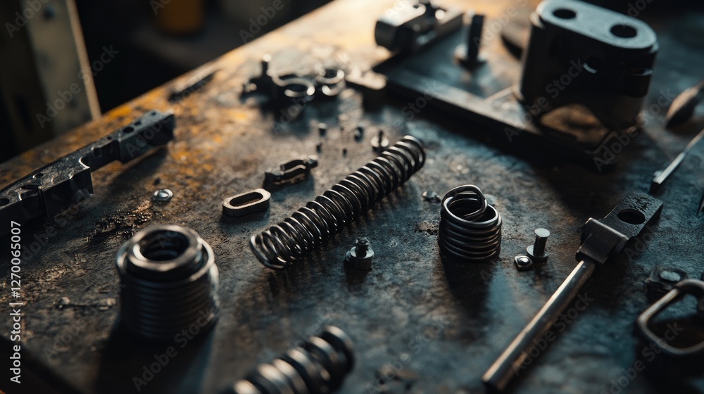 A detailed close-up of metal springs and tools scattered across an industrial workshop workbench, highlighting the precision and craftsmanship of mechanical work. A detailed close-up of metal springs and tools scattered across an industrial workshop workbench, highlighting the precision and craftsmanship of mechanical work.