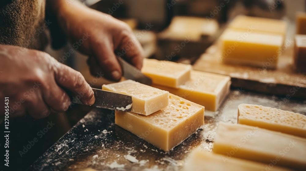 A detailed shot of a soap maker cutting and preparing handmade soap bars, showcasing the process of creating high-quality artisanal soaps. A detailed shot of a soap maker cutting and preparing handmade soap bars, showcasing the process of creating high-quality artisanal soaps.