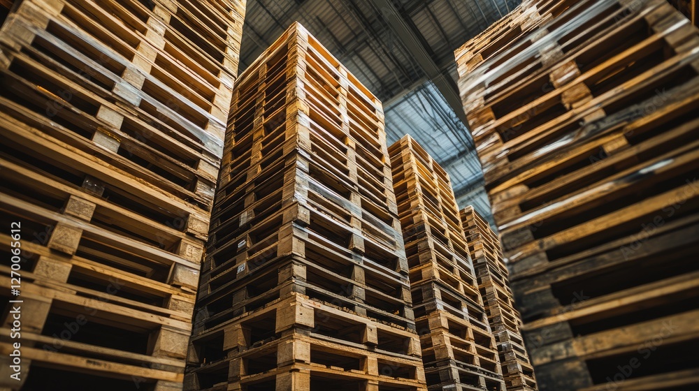 A detailed shot of stacked wooden shipping pallets in a large warehouse, emphasizing the logistical organization and storage space. A detailed shot of stacked wooden shipping pallets in a large warehouse, emphasizing the logistical organization and storage space.