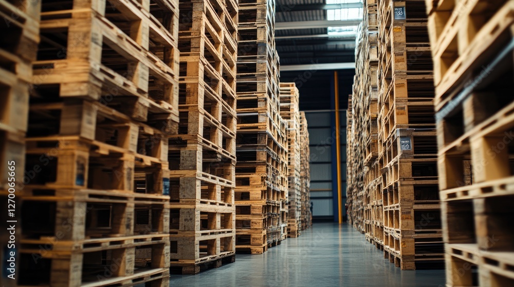 A detailed shot of stacked wooden shipping pallets in a large warehouse, emphasizing the logistical organization and storage space. A detailed shot of stacked wooden shipping pallets in a large warehouse, emphasizing the logistical organization and storage space.