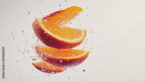 Sliced orange fruit suspended in the air, surrounded by vibrant water splashes, on a plain white background with ample copy space.