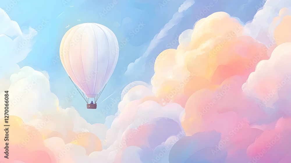 Fototapeta premium White hot air balloon soaring pastel cloudscape, idyllic travel adventure background