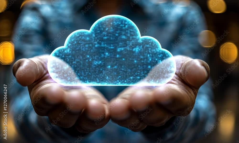 Hands holding a glowing cloud symbol, representing digital storage and technology concepts Hands holding a glowing cloud symbol, representing digital storage and technology concepts