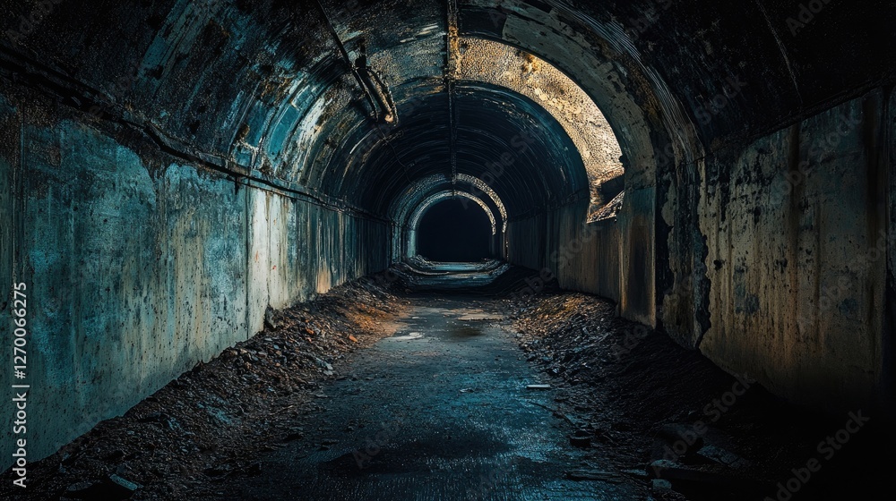 A dimly lit, eerie underground tunnel with damp walls, creating a haunting atmosphere in an abandoned industrial site. A dimly lit, eerie underground tunnel with damp walls, creating a haunting atmosphere in an abandoned industrial site.