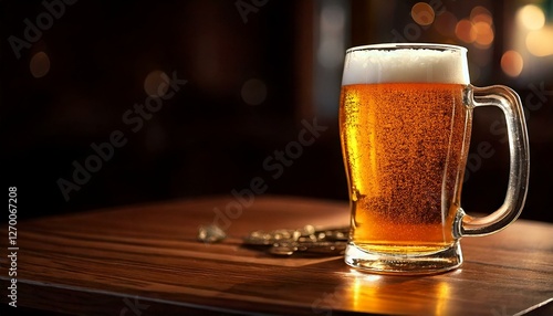 美味しそうなビールが机の上に置かれている写真　モックアップ　コピースペースあり　落ち着いた雰囲気