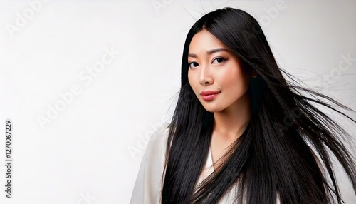 綺麗なロングヘアーの女性がこちらを向いてほほ笑んでいる写真　コピースペース　広告　韓国人風