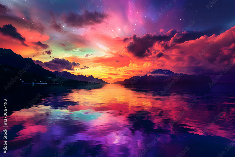 Fototapeta premium Colorful northern lights reflecting in the waters of a scenic lagoon