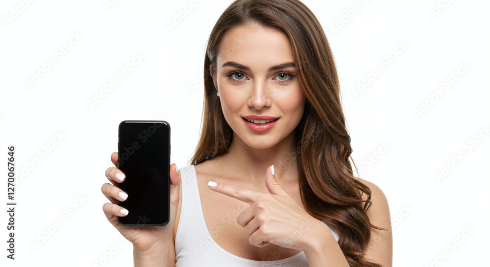 Young Woman Pointing at a Black Smartphone Screen Young Woman Pointing at a Black Smartphone Screen