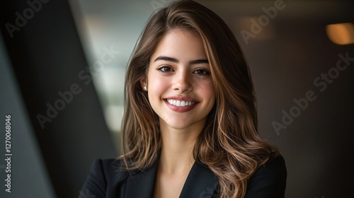 Free Download a portrait of a smiling young woman with brown hair, wearing a business suit, looking directly at the camera. confident and professional. - GFXLoad