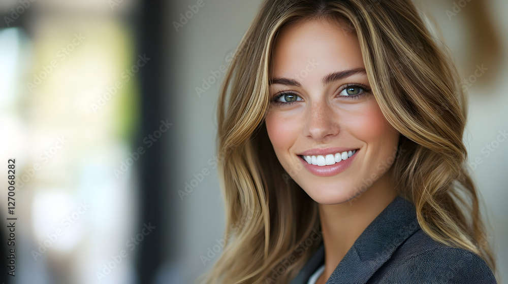 Confident Businesswoman Smiling While Working in Modern Office Confident Businesswoman Smiling While Working in Modern Office