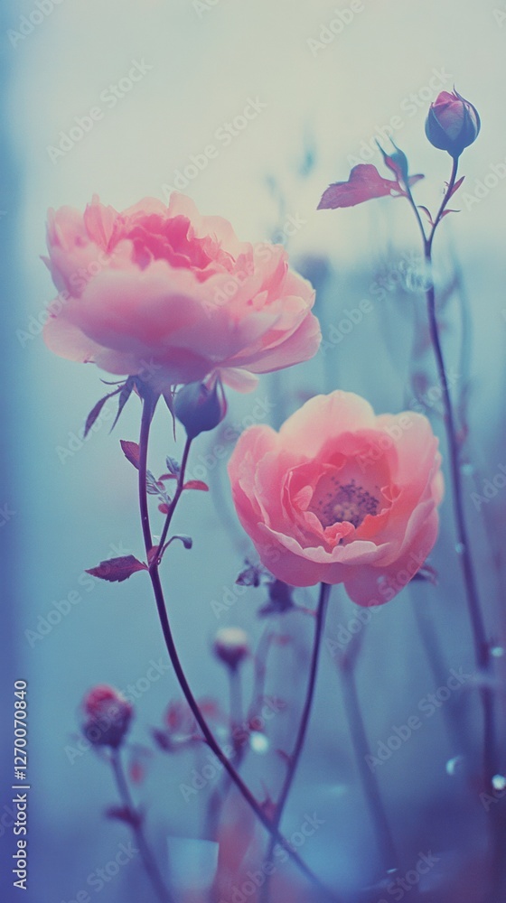 Obraz premium Gorgeous rare flowers reflected in a mirror, multi-colored peony, roses, Epiphyllum, grainy photo