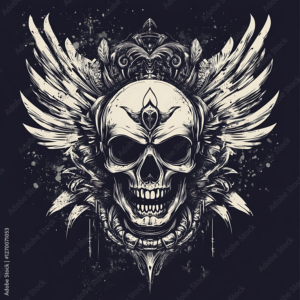 Skull with wings, decorative ornate design, graphic art, possible use for t-shirt design Skull with wings, decorative ornate design, graphic art, possible use for t-shirt design