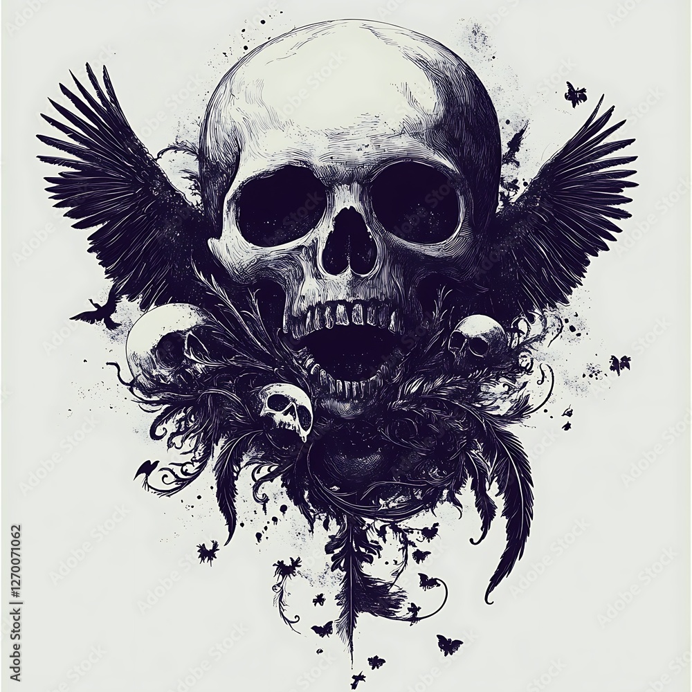 Fototapeta premium Ornate skull graphic, dark design, artistic illustration