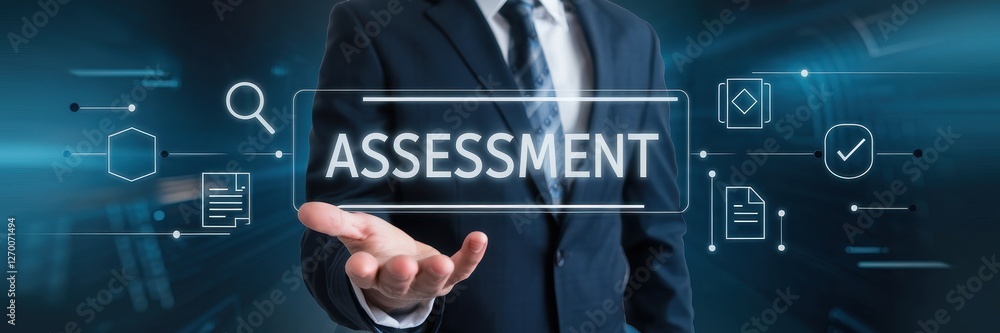 Businessman presents the concept of assessment with digital icons around Businessman presents the concept of assessment with digital icons around