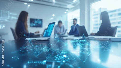 Futuristic Business Meeting with Tech Overlay for Global Connectivity
