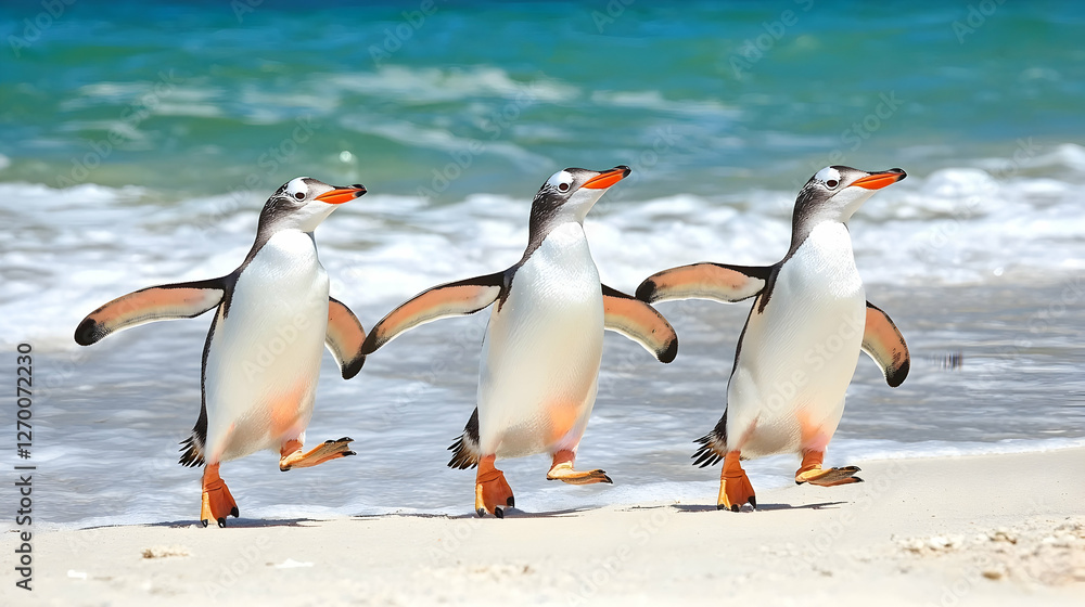 Fototapeta premium Three penguins waddle on beach, ocean waves background; wildlife travel brochure